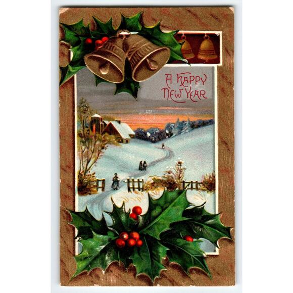 Vintage 1907-1915 New Year Lithograph Postcard Snowy Scene Holly Bells - Picture 1 of 2
